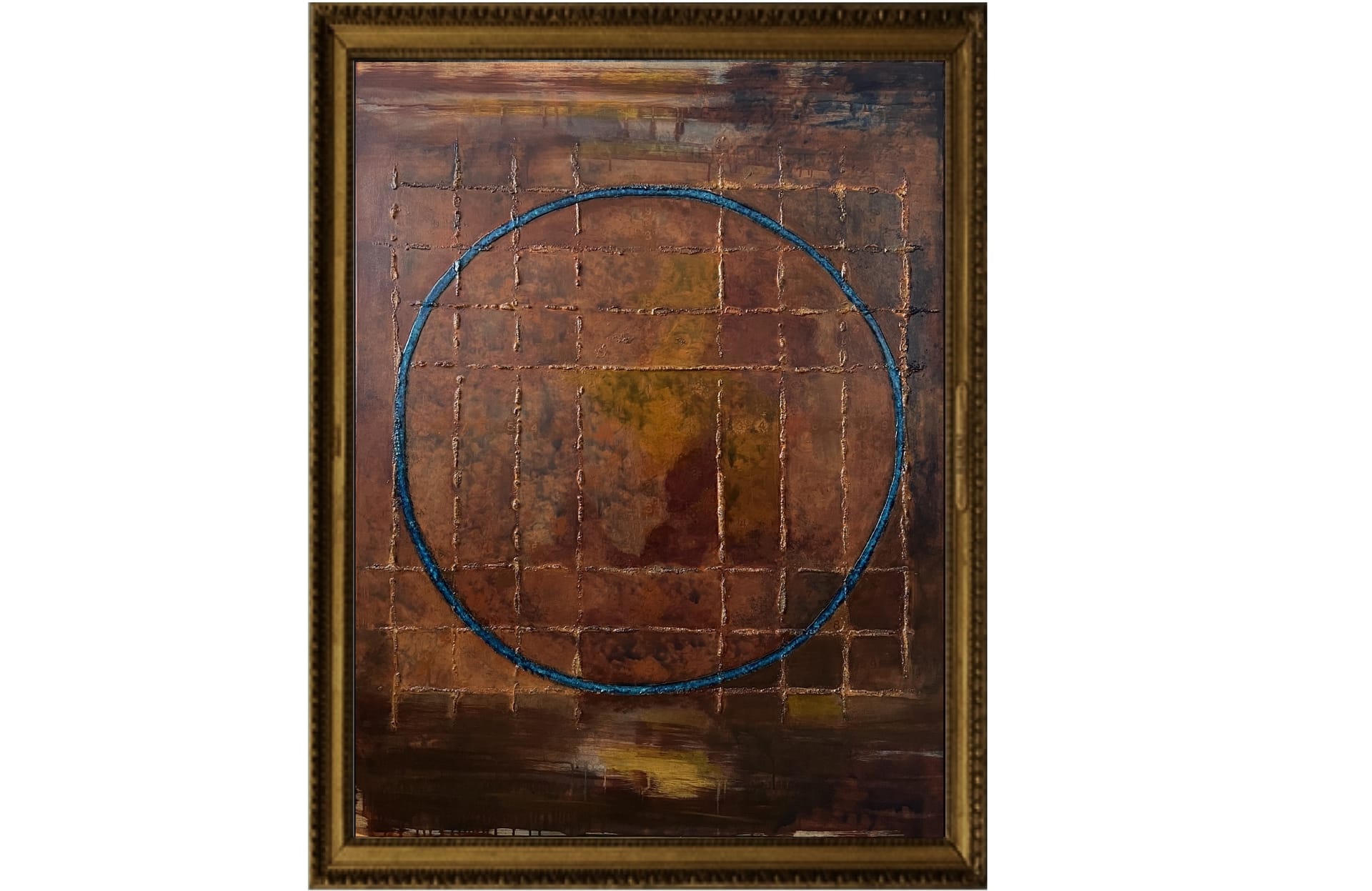 alt="Passé — structure temporelle et mémoire, peinture symbolique brune avec cercle bleu, Elisabeth W"
